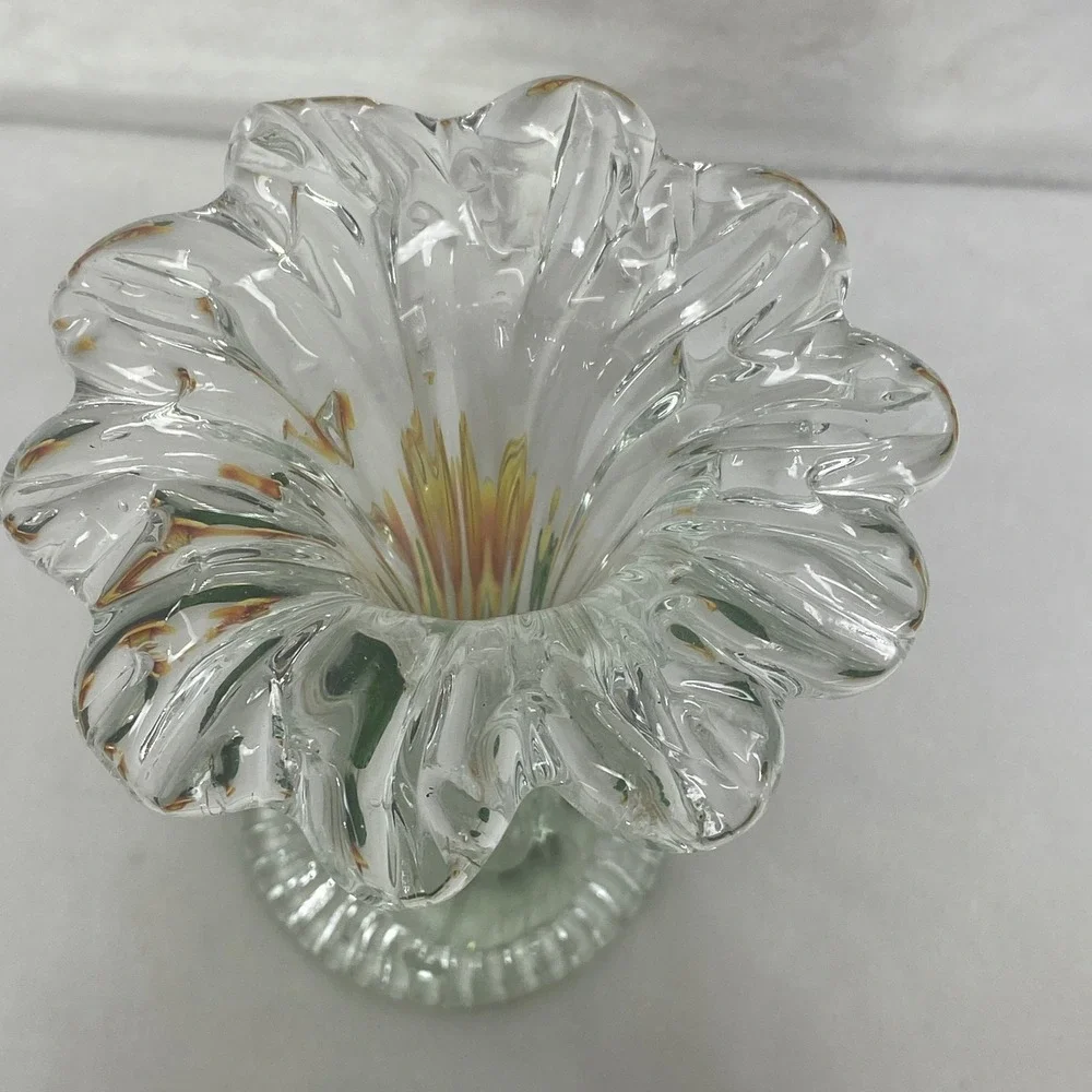 VTG  Hand‎ Blown Clear Art Glass Vase Yellow Orange Flower NOS